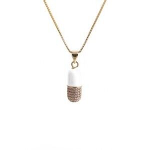 Gold Tone Pill Capsule Pendant Necklace White Enamel Pave Crystal Box Chain